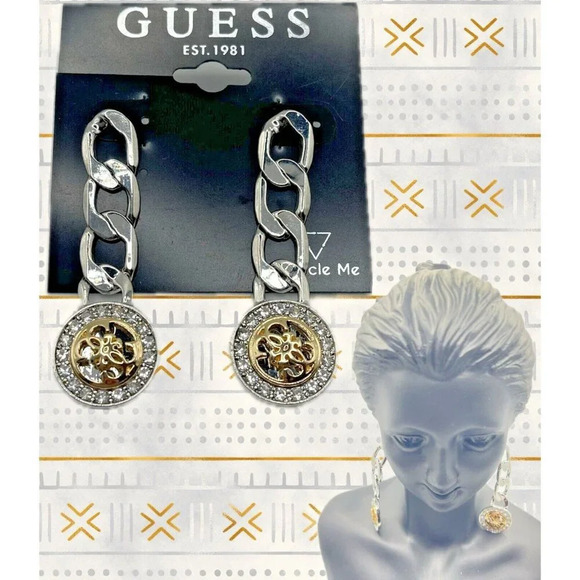 Guess Silver-Tone Chunky Chain Gold Pave Quatro G Logo Linear Drop Post Earring - Picture 1 of 5